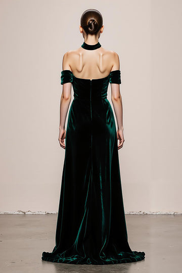 Dark Green Cold Shoulder Velvet Long Evening Dress